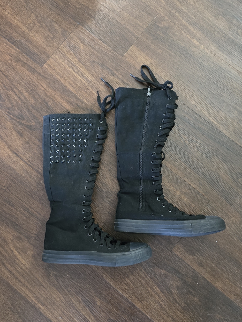 Black High-Top Lace-Up Knee Boots with Stud Detail Size 6.5